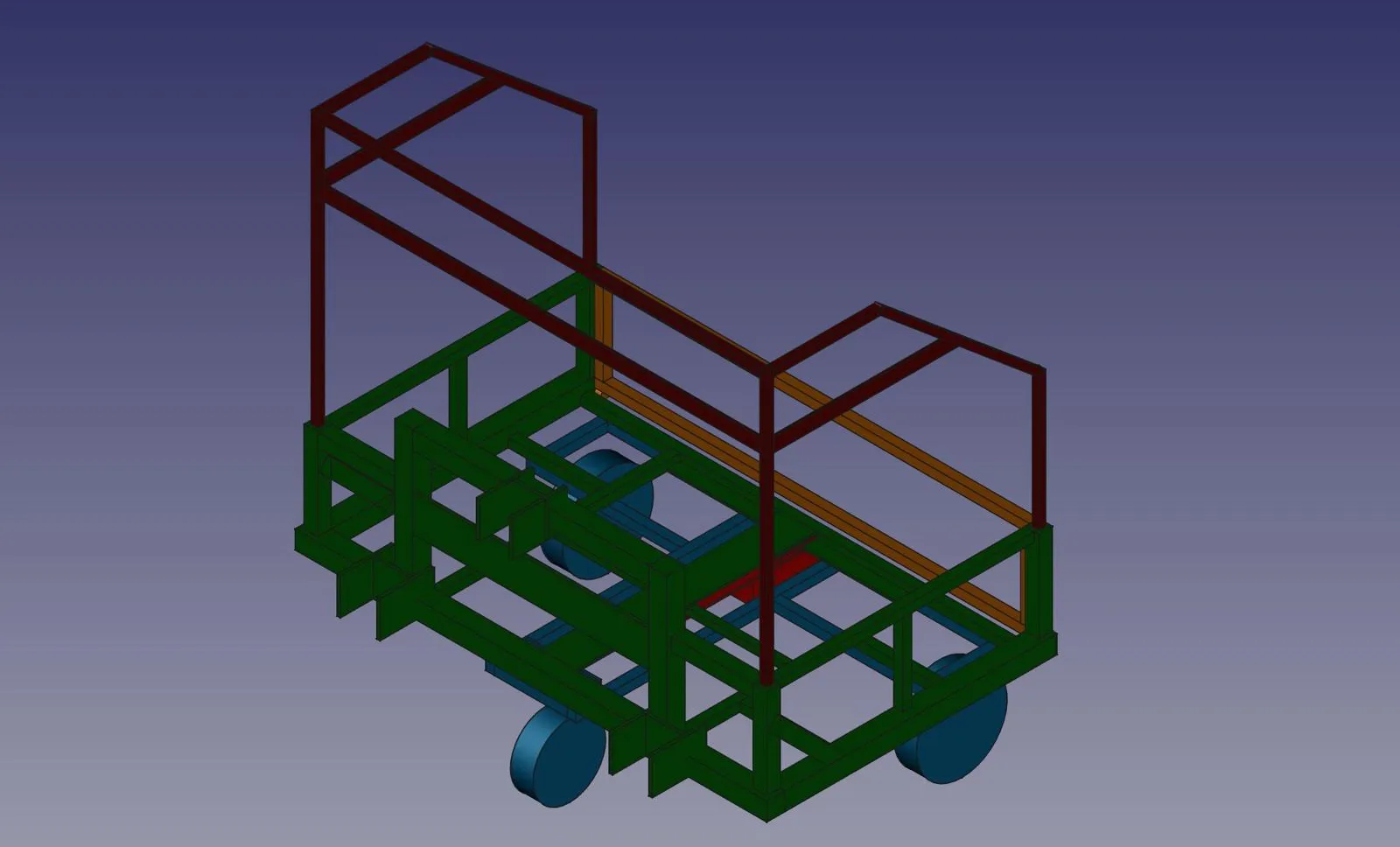 A CAD model of the carry-all frame, top frame, and carriage