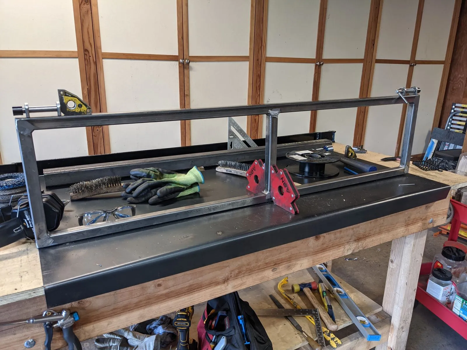 The tailgate frame on the welding table
