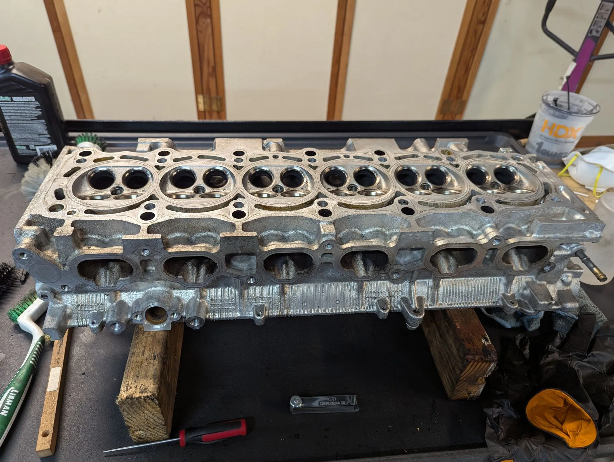 The refreshed 2JZ cylinder head on the bench