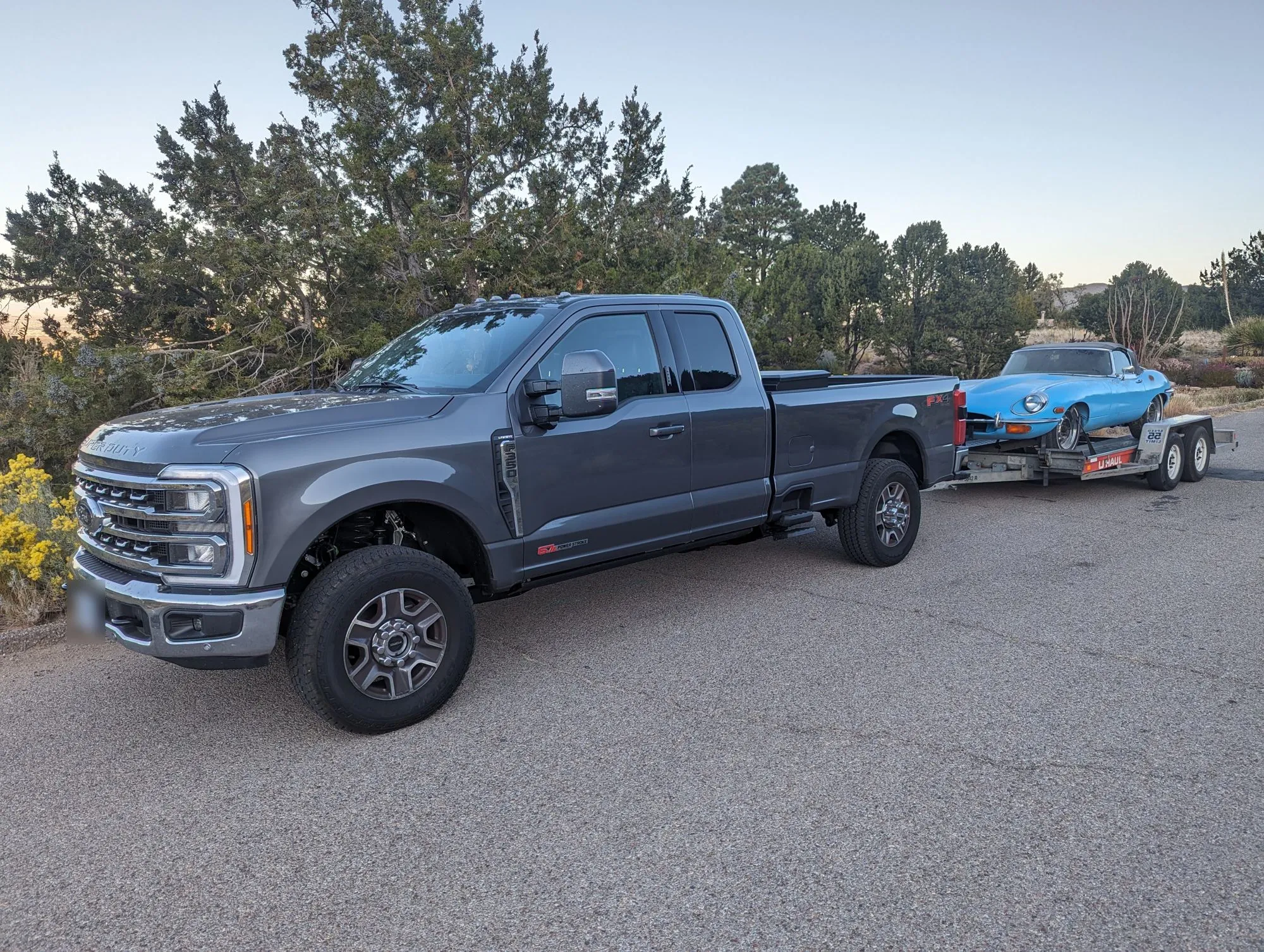 Towing the E-Type home on a trailer behind the Super Duty